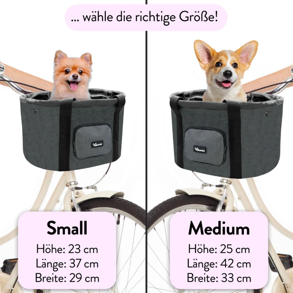 Valkental Fahrradkorb für Hunde grau, Lenkerkorb mit Pomeranian und Corgi, Größen Small und Medium.