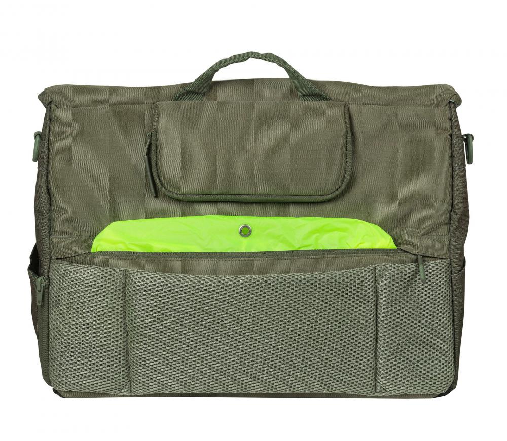 Olivgrüne Basil B-Safe Nordlicht Bürotasche, frontal offen mit leuchtend gelbem Inhalt, LED-Beleuchtung und Diebstahlschutz.