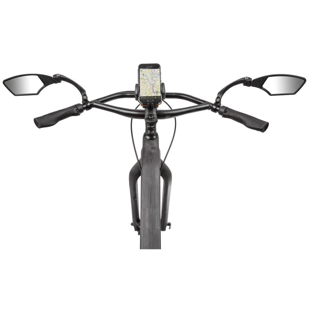 Schwarzer M-Wave Spy Space Fahrradspiegel links am Lenker montiert, 3D-verstellbar, Echtglas, E-Bike geeignet.