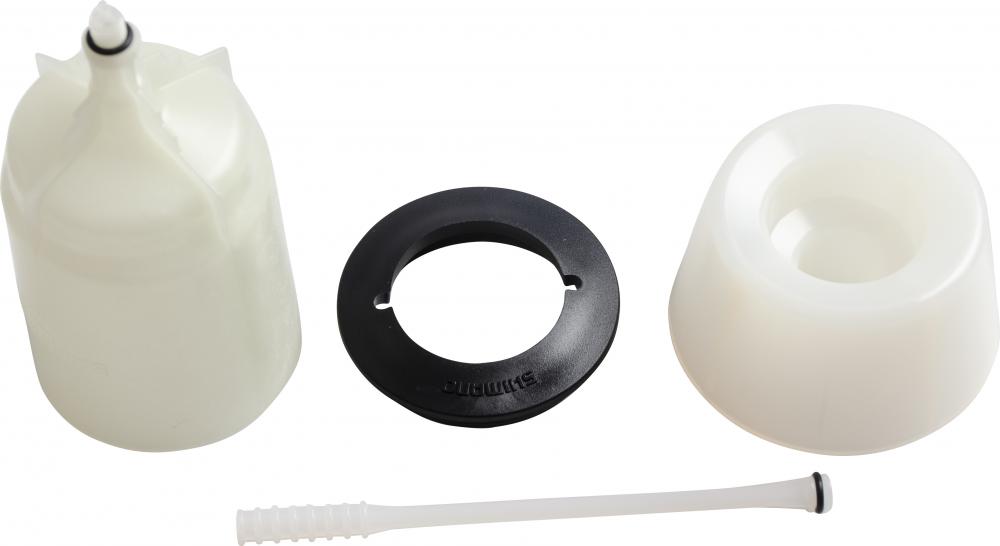 SHIMANO Öltrichter TL-BR003 mit Ölstopper, Adapter und Standfuß für hydraulische Scheibenbremsen am Fahrrad.