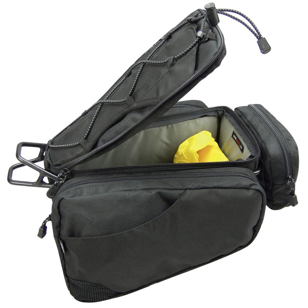 Schwarze KLICKfix Satteltasche Contour Max Sport (11l), geöffnet mit Blick ins Hauptfach und auf die Seitentaschen.