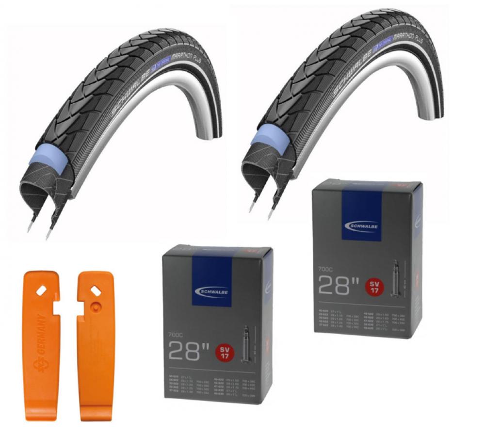 Schwalbe 2x Reifen Drahtreifen MARATHON PLUS 28x1.50\" 40-622 Reflex 2 x Schwalbe Schlauch SV17 (28/47-622/635) 1x SKS Reifenheber-Set orange 1 Set=3 Reifenheber 2x Schlauch SV17 (28/47-622/635) - 28 Zoll