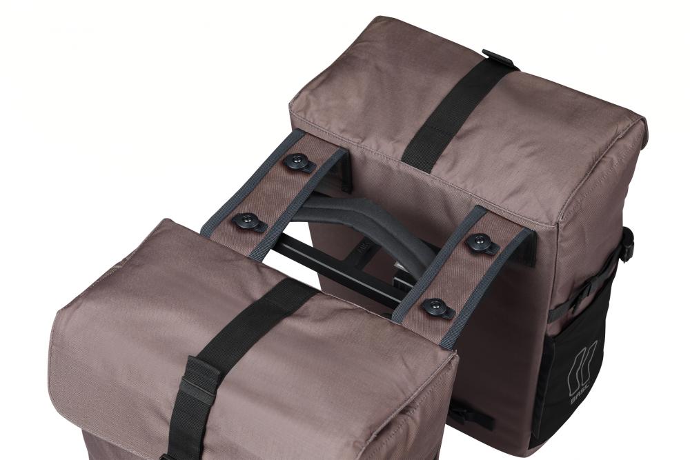 Basil Doppelpacktasche Move MIK 30 Liter braun - Doppeltasche mit MIK-Adapterplatte, wasserabweisendem recyceltem Polyester, Regenhülle & Reflektoren