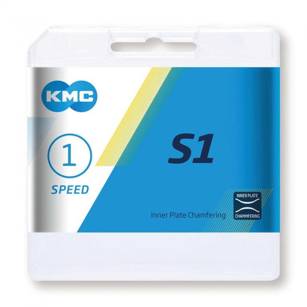 KMC S1 Wide 1s Kette 112 Glieder braun in weißer Verpackung, robuste Singlespeed-Fahrradkette für 1-Gang-Räder.