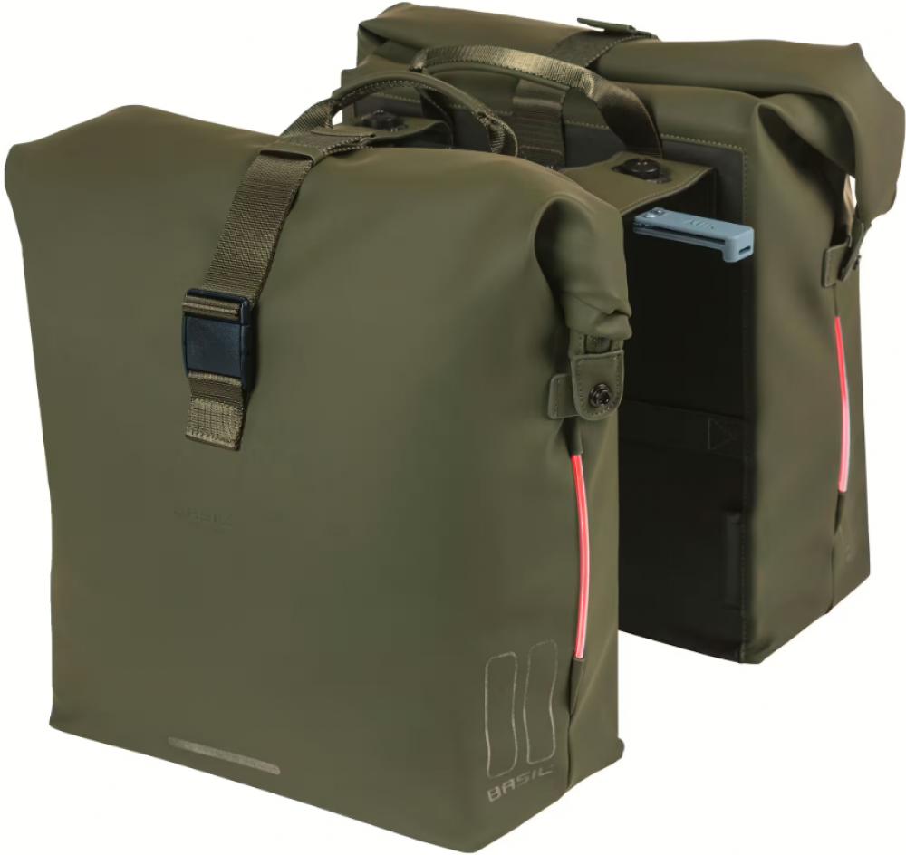 Basil Soho Nordlicht MIK 2.0 Doppeltasche 41L, olivgrün, wasserdichtes Rolltop mit integriertem LED-Licht und MIK-Adapterplat