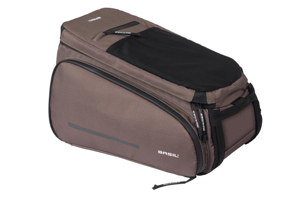 Basil Move Gepäckträgertasche 10-26 Liter Braun - recyceltes Polyester, MIK-Befestigung, erweiterbar, reflektierend