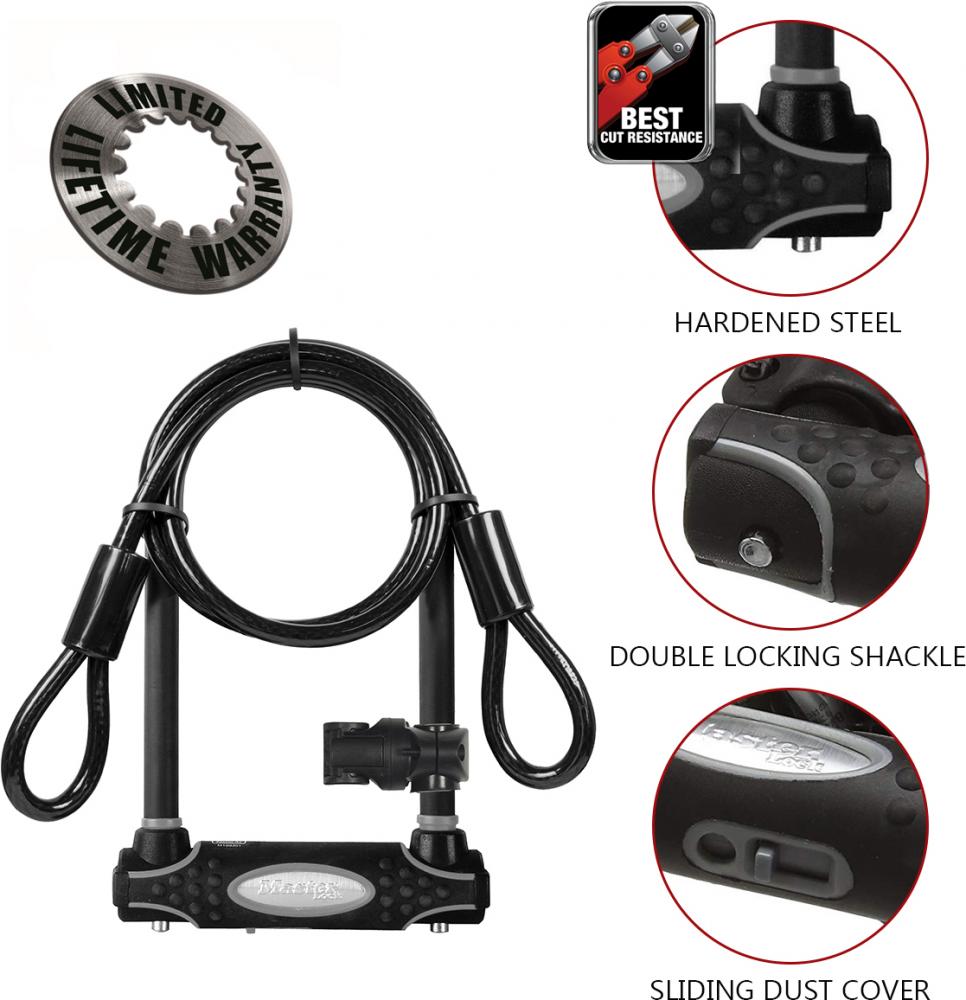 Master Lock Bügelschloss 8274 Schwarz 13 mm - VdS A+ Fahrradschloss mit Zusatzkabel