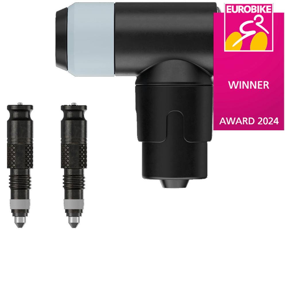 Schwalbe CLIK VALVE SV-SCV Umrüstkit mit Pumpenkopf und zwei Ventileinsätzen, Eurobike Award 2024 Gewinner.
