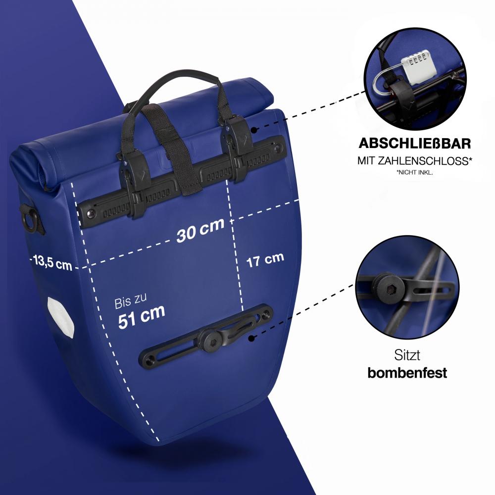 Valkental ValkBasic Fahrrad-Gepäckträgertasche blau, wasserdicht, mit Rollverschluss, Reflektoren und Maßen 51x30x13,5 cm.