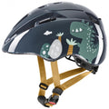uvex kid 2 Fahrradhelm dino world 46-52cm, dunkelgrau mit grünem Dinosaurier, Eiern und Palmen.