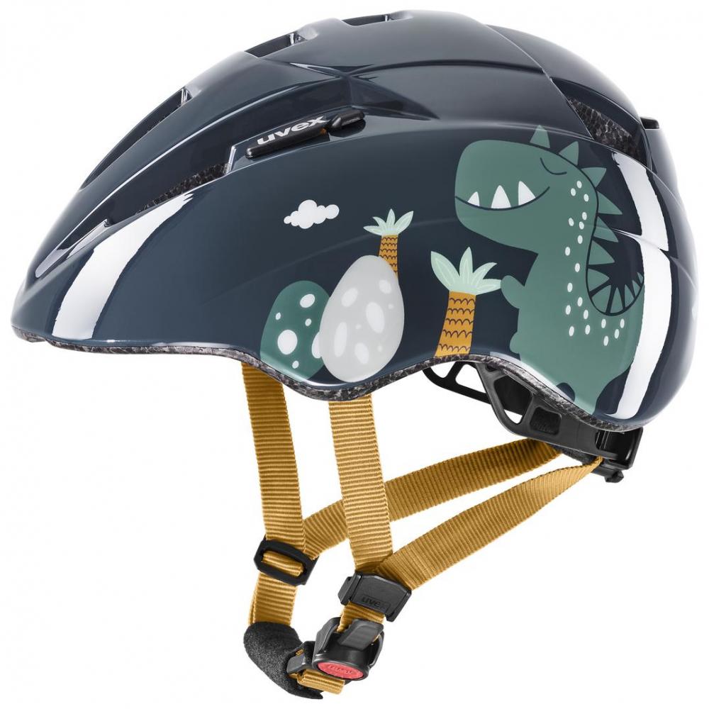 uvex kid 2 Fahrradhelm dino world 46-52cm, dunkelgrau mit grünem Dinosaurier, Eiern und Palmen.