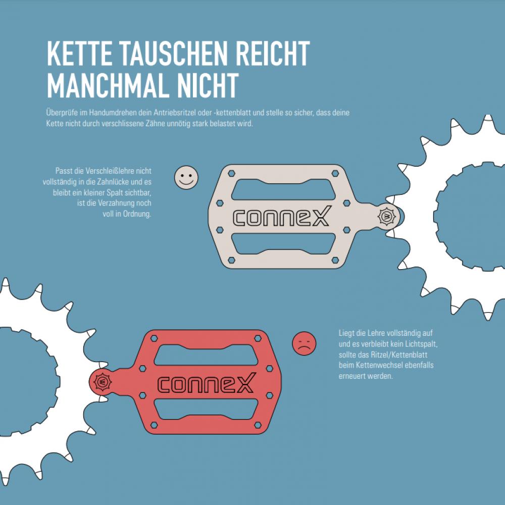 Connex Kettenblattverschleißlehre Pedal-Design zeigt Verschleiß von Kettenblatt und Ritzel für schnellen Check.