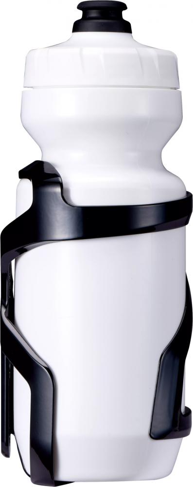 Schwarzer Specialized Zee Cage II Seitenzug-Flaschenhalter rechts mit weißer Trinkflasche.