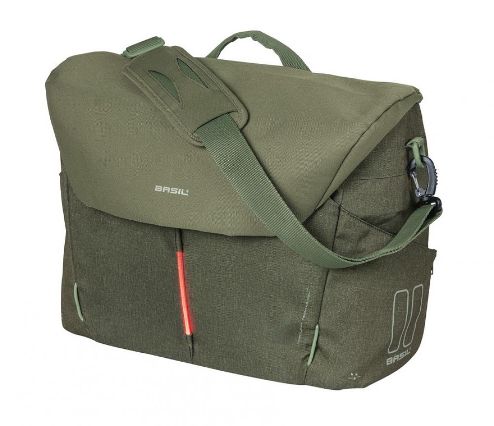 Olivgrüne Basil B-Safe Nordlicht Fahrrad-Bürotasche mit LED-Beleuchtung und Diebstahlschutz.
