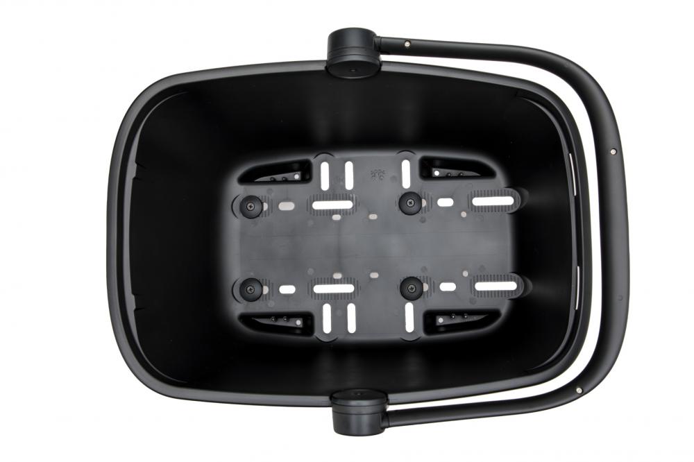 New Looxs Clipper RT 2 Fahrradkorb 23 Liter schwarz, Innenansicht mit Racktime 2.0 Befestigungssystem für Gepäckträger.