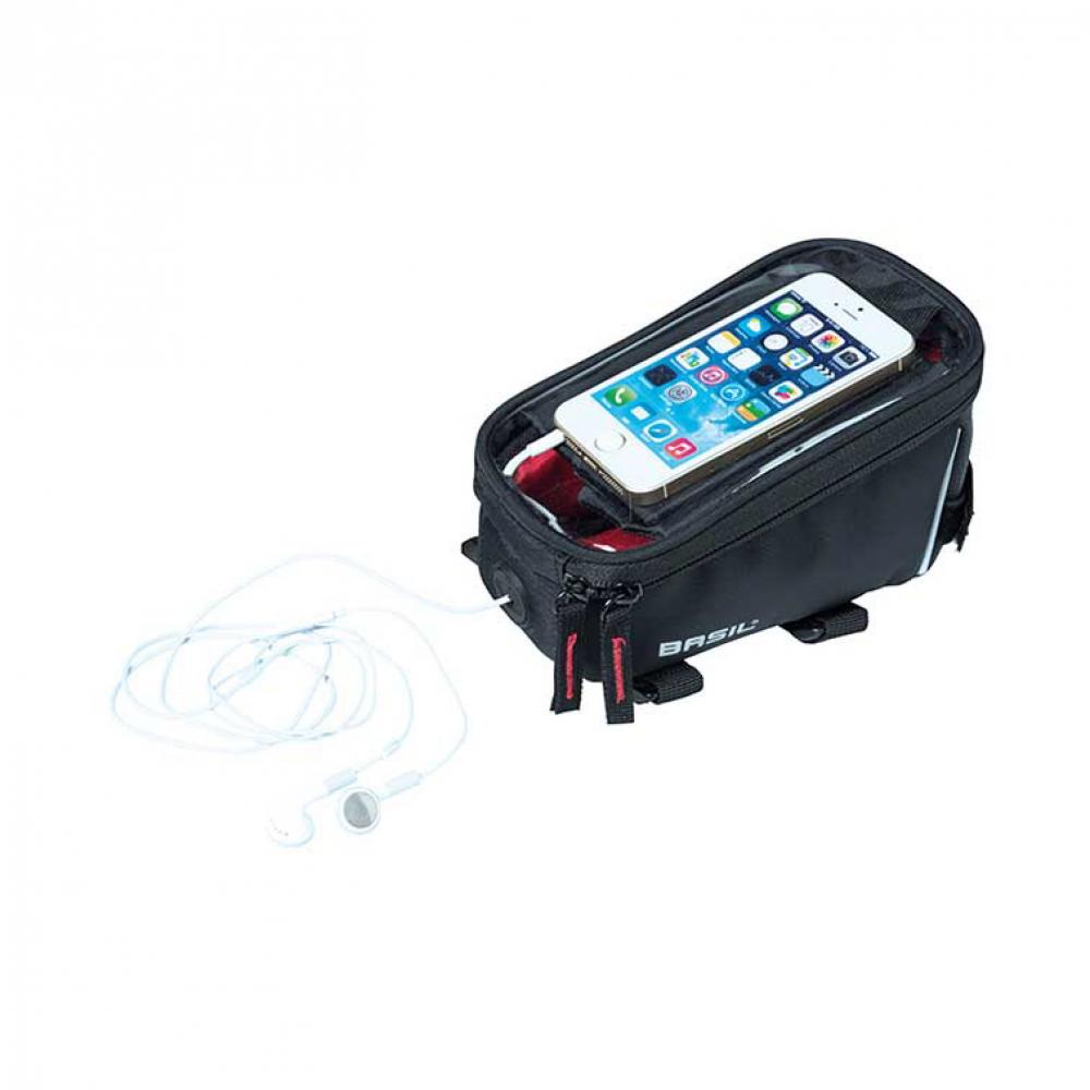 Basil Rahmentasche Sport Design schwarz, wasserabweisend, mit Smartphone und Kopfhörern.