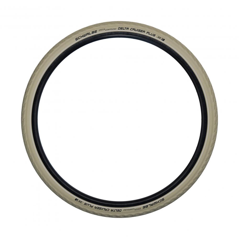 Schwalbe Delta Cruiser Plus Fahrradreifen 28 Zoll 40-635 in Creme mit schwarzer Lauffläche und Pannenschutz.
