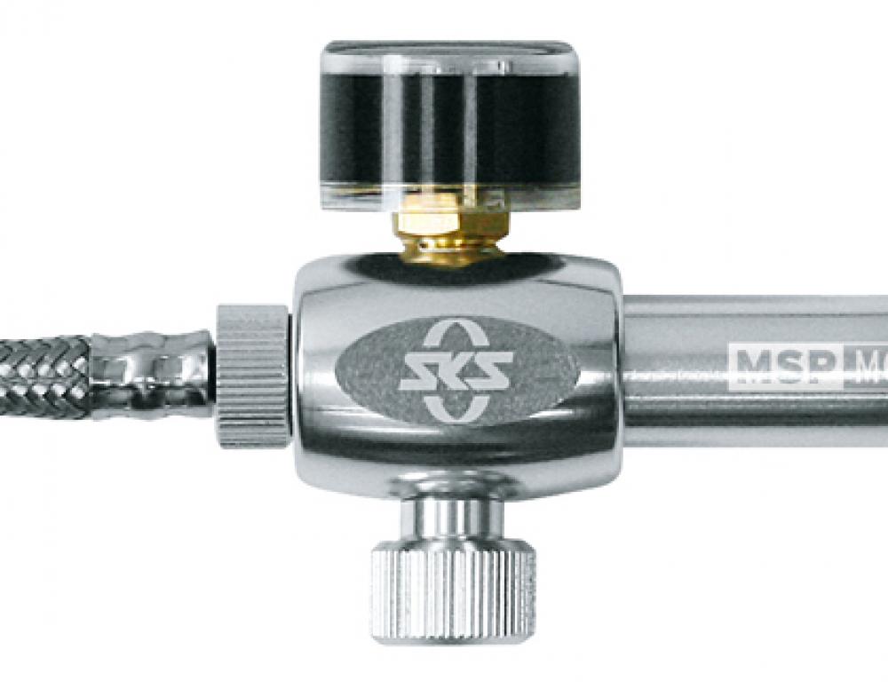 SKS MSP Dämpferpumpe, 20 bar, Aluminium, abschraubbarer Stahlflexschlauch, integriertes Druckablassdrehrad, 2-Stufen-Verschraubung, inkl. Tasche