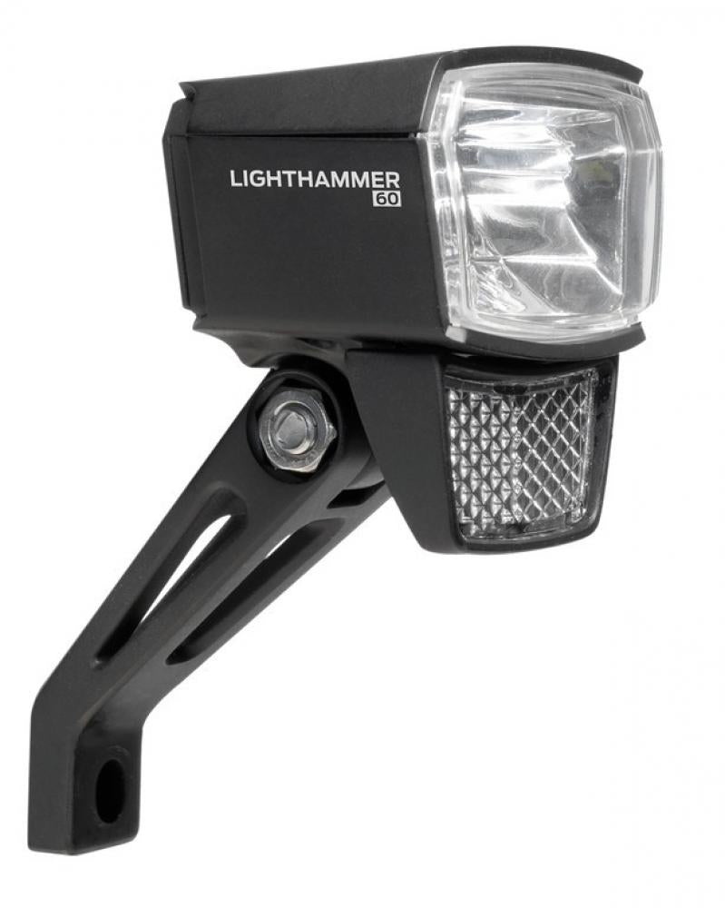 Schwarzes TRELOCK Lighthammer 60 LED E-Bike Frontlicht mit Reflektor für helle und sichere Fahrt.