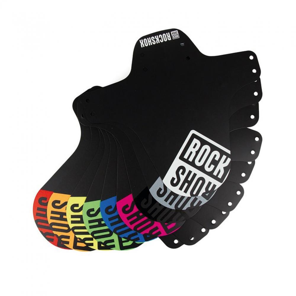 Rockshox MTB Schutzbleche, schwarz mit polar-grauem Logo. Verschiedene Farbvarianten fächerförmig dargestellt.