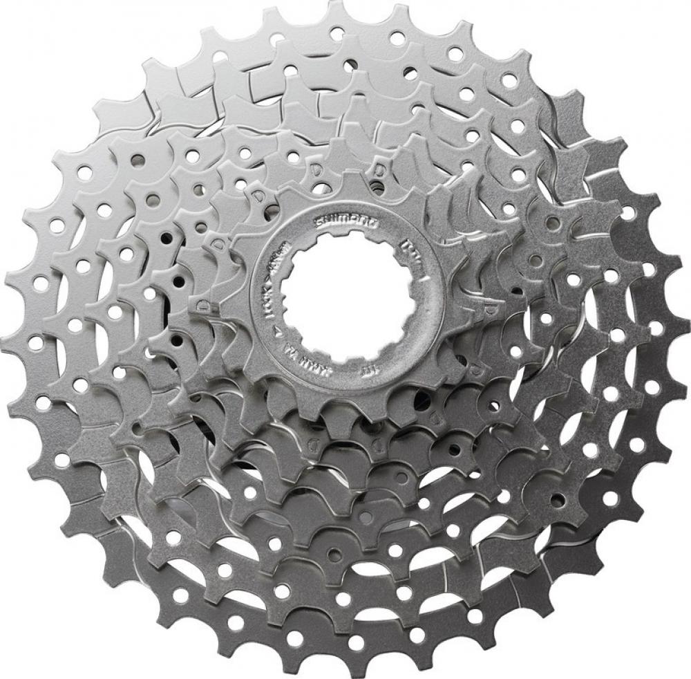 Shimano Alivio CS-HG400 9-fach Fahrradkassette mit 11-32 Zähnen, silberne Ritzel in Frontalansicht.