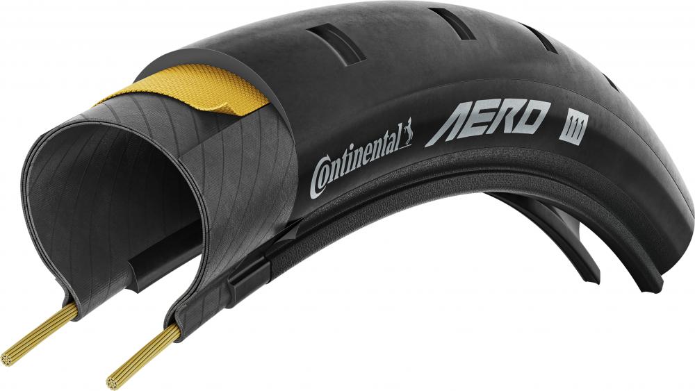 Continental Aero 111 Faltreifen Querschnitt, schwarzer aerodynamischer Rennradreifen mit Vortex Generatoren und gelbem Pannen