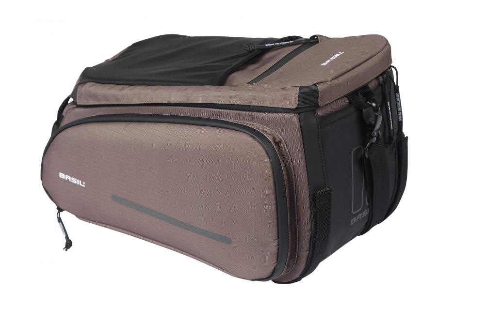 Basil Move Gepäckträgertasche 10-26 Liter Braun - recyceltes Polyester, MIK-Befestigung, erweiterbar, reflektierend