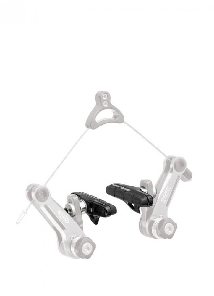 Avid Shorty Ultimate Road Carbon Cross Cartridge-Bremsschuhe, schwarz, an einer Fahrrad-Cantilever-Bremse.