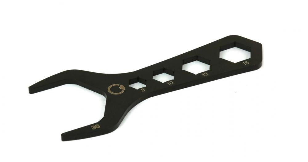 Schwarzer By.Schulz Multifunktionsschlüssel SW36 für Fahrrad-Steuerlager, mit 1 1/8" Maulschlüssel und Sechskant 8, 10, 13, 1