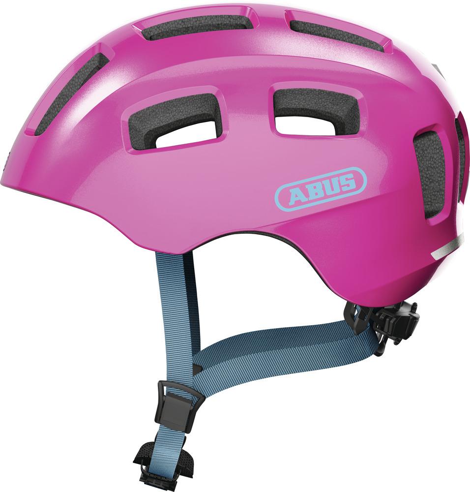 Abus Kinderhelm Youn-I 2.0 sparkling pink, Größe M 52-57cm mit blauen Riemen.