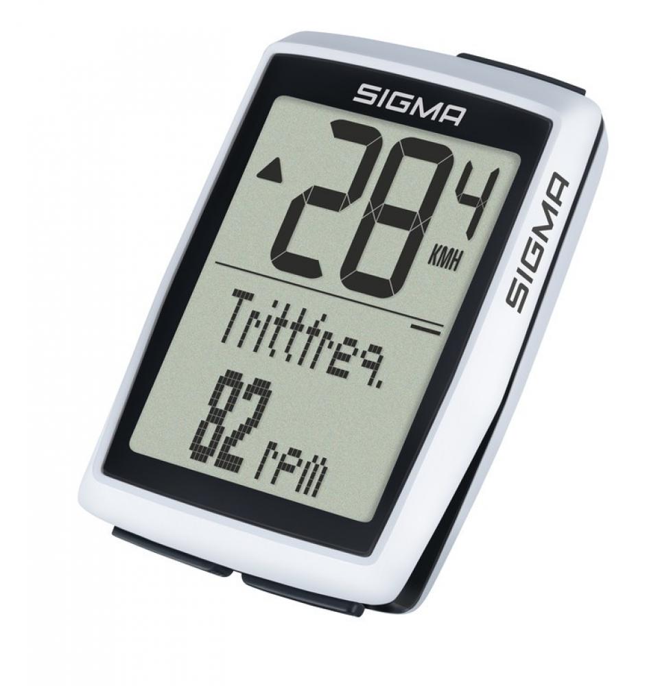 Sigma BC 12.0 WR kabelgebundener Fahrradcomputer schwarz/weiß, zeigt Geschwindigkeit und Trittfrequenz (28.4 km/h, 82 RPM).