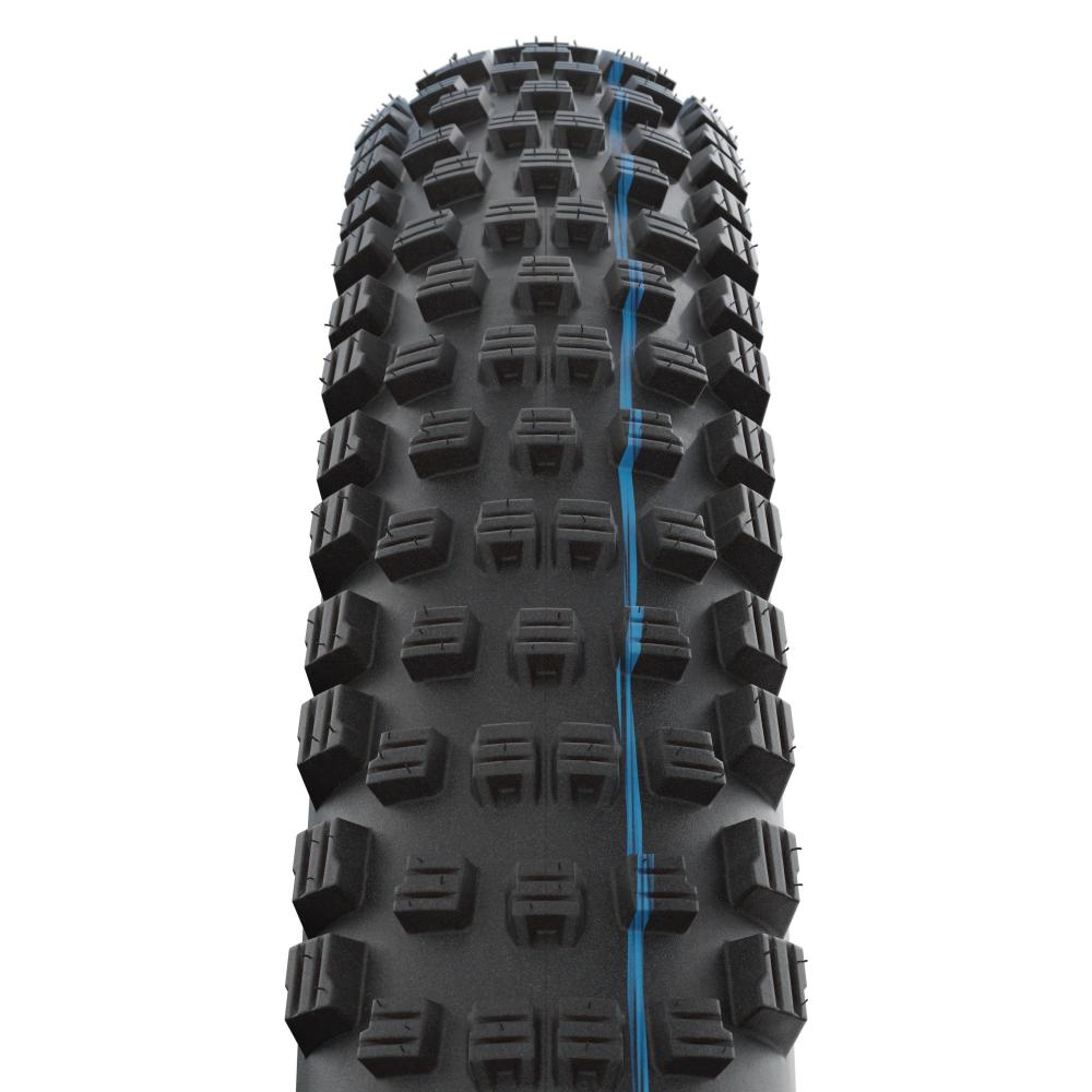 Schwalbe Wicked Will MTB Reifen 29x2.25 schwarz, faltbar, mit griffigem Profil und blauem Streifen.