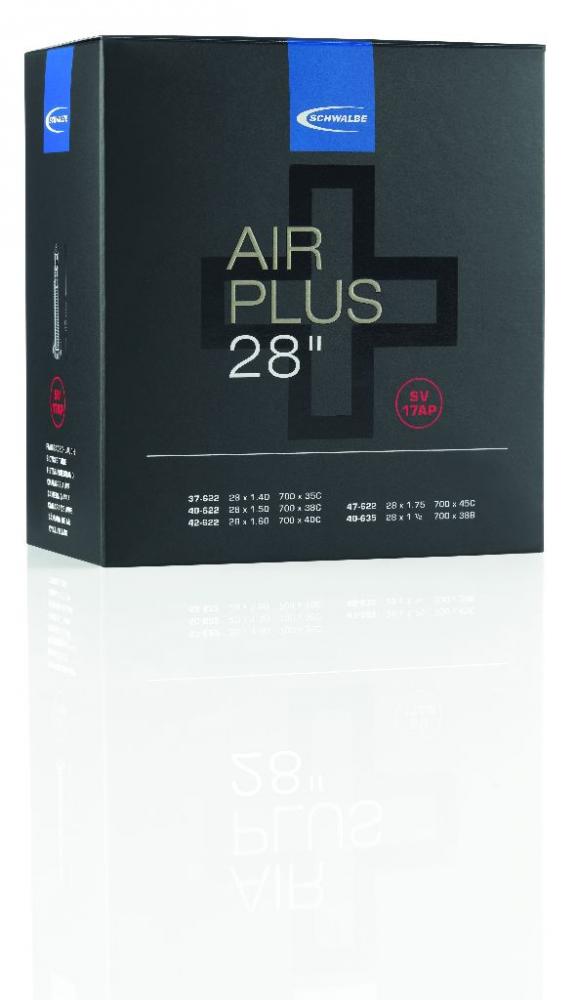 Schwalbe 2x Schlauch SV17AP Air Plus 28 Zoll 37/47-622/635 IB40mm in schwarzer Produktverpackung.