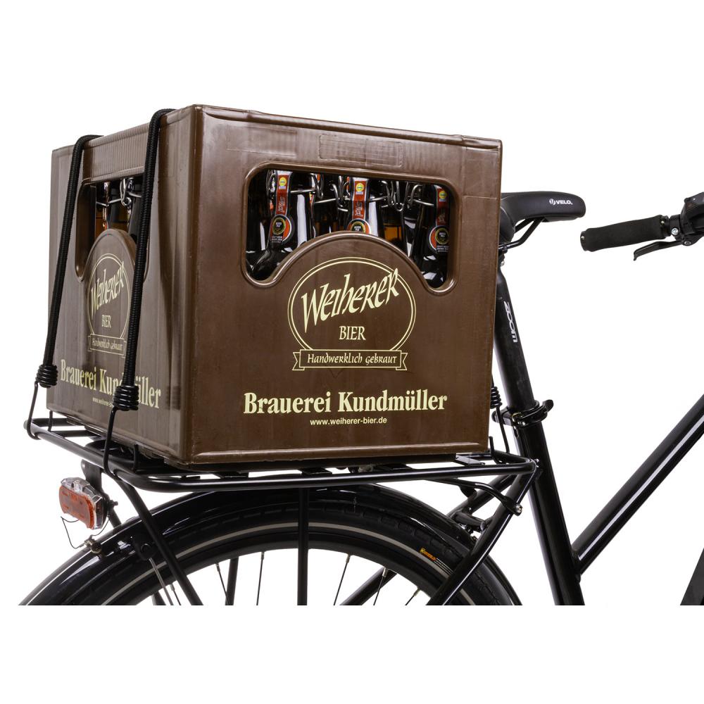 Stabile M-WAVE Racky Baseplate Adapterplatte auf Fahrrad-Gepäckträger mit sicherem Bierkasten-Transport.