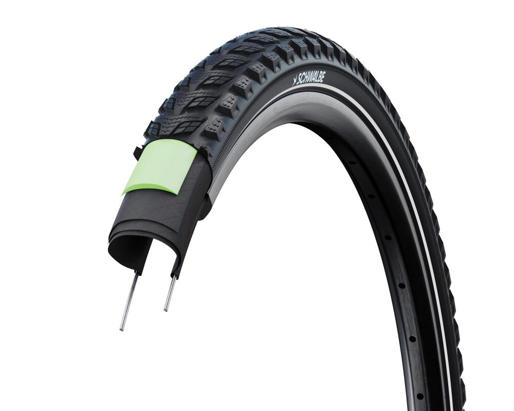 Schwalbe Marathon 365 Drahtreifen, pannensicherer 4Season-Reifen, Schwarz Reflex. Schnittbild zeigt Pannenschutz.