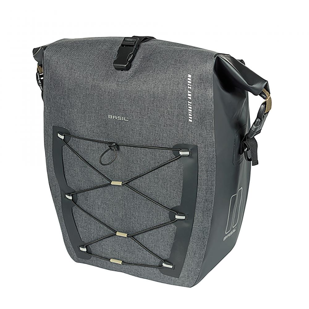 Basil Einzeltasche Navigator Storm MIK Hooks - 25 Liter - Tarpaulin / Polyester - wasserdicht (IPX3) - Rolltop mit Schnalle - Kompressions-Vortasche - verstellbar inkl. Schultergurt - Reflexion - Fahrradtasche