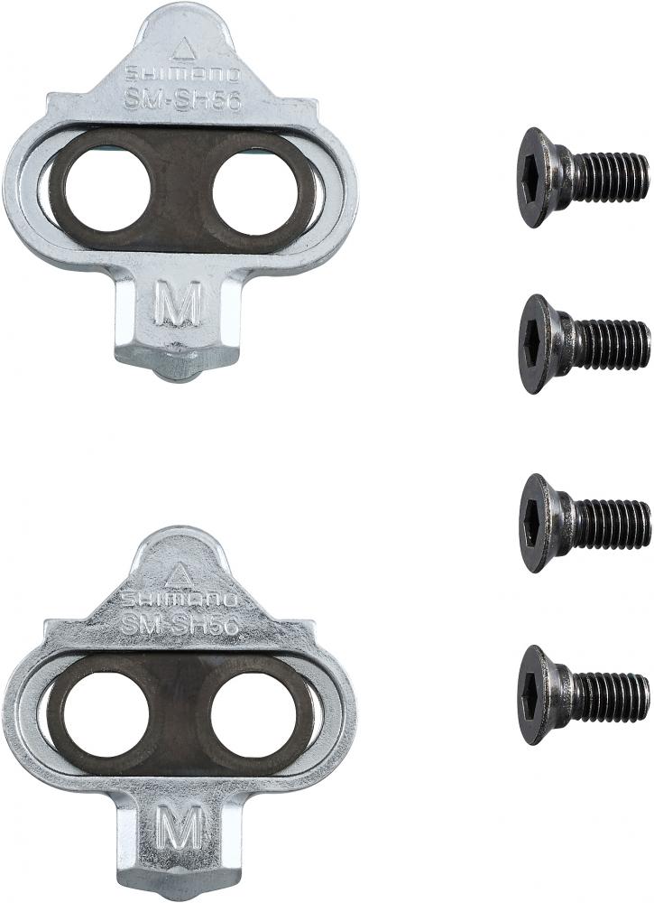 Zwei Shimano SM-SH56 SPD Schuhplatten und vier Schrauben für sicheren, leichten Mehrfachausstieg am Fahrrad.
