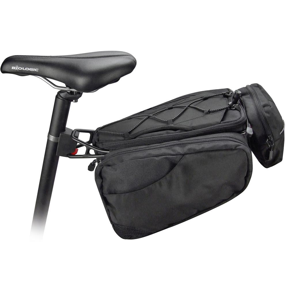 KLICKfix Satteltasche Contour Max Sport schwarz 11l an der Fahrrad-Sattelstütze montiert.