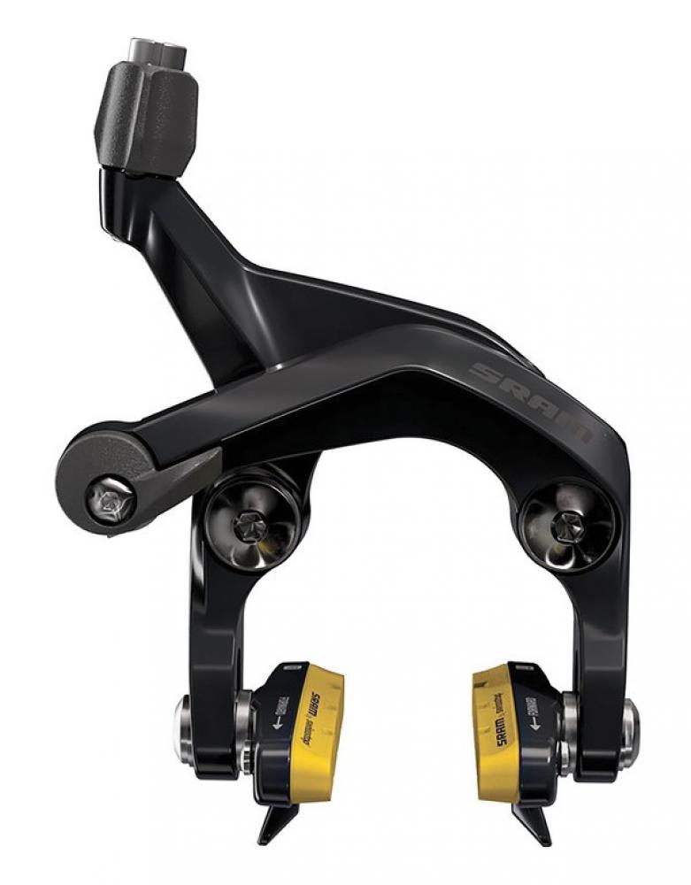 SRAM S900 Direct Mount Felgenbremse vorne für Rennräder mit gelben SwissStop Pro Bremsbelägen.