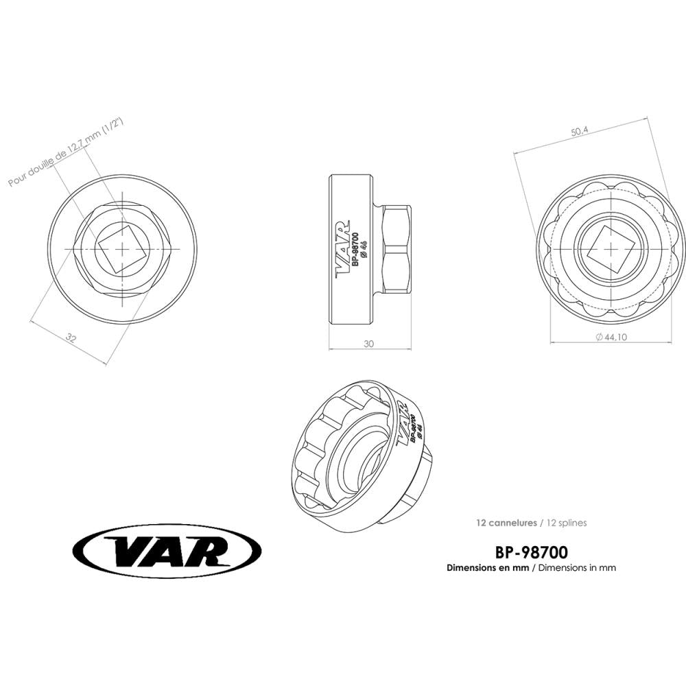VAR BP-98700 Innenlagerwerkzeug 46mm für SRAM DUB & BSA30, technische Zeichnung mit Maßen und 12 Splines.