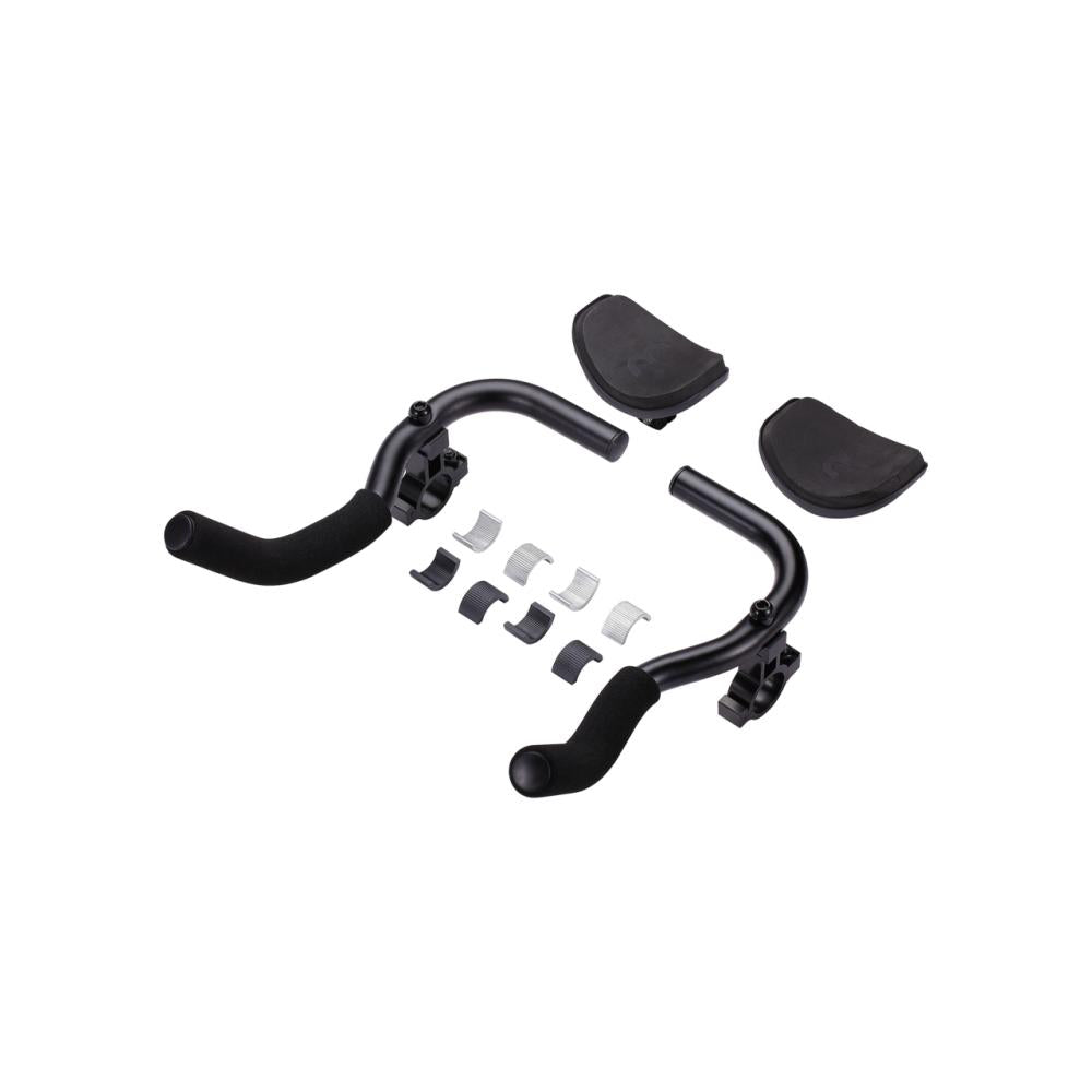 BBB Cycling AeroComfort aerodynamischer Rennradlenker schwarz, mit Armauflagen und Befestigungsmaterial.
