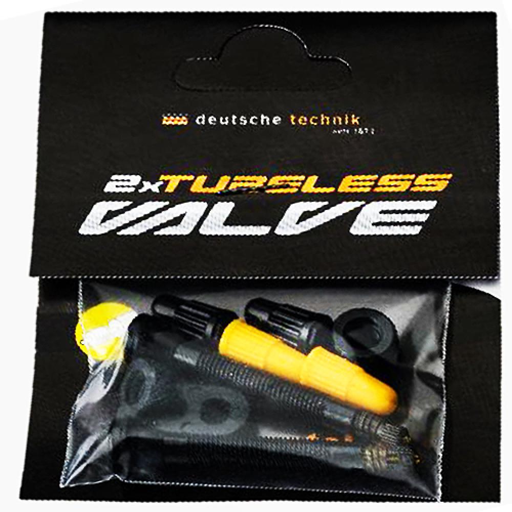 Continental Tubeless Ventil Aluminium S42 schwarz Paar in schwarzer Verpackung mit gelben Kappen.