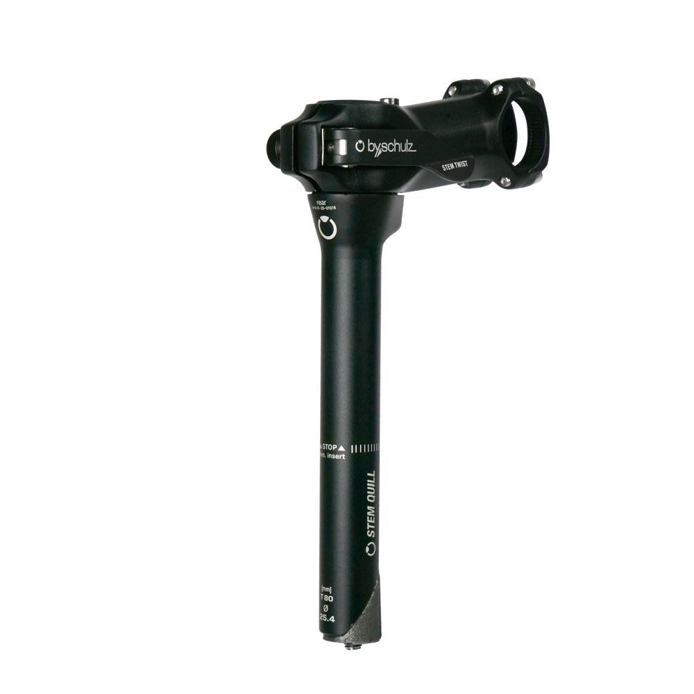 By,Schulz Vorbau Quill Twist SDS 90 mm schwarz - Alu 3D geschmiedet, Lenkerklemmung 31,8 mm Lenkerklemmung, Gabelschaftinnendurch 25,4 mm Gabelschaft, 8° Neigung, bis 80 mm Höhenverstellung