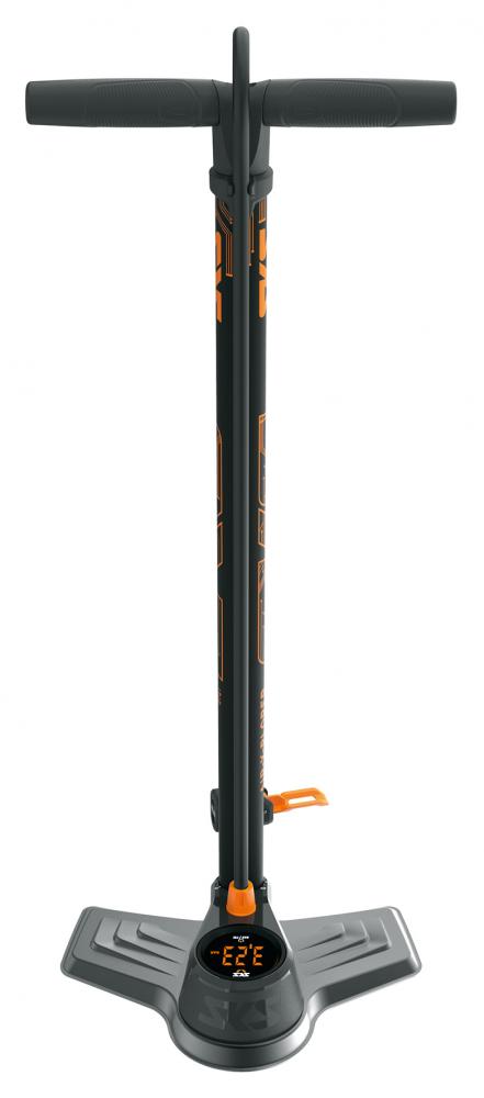 SKS Standpumpe AIR-X-PLORER DIGI 10.0 mit digitalem LED-Manometer in Schwarz/Grau und Orange.