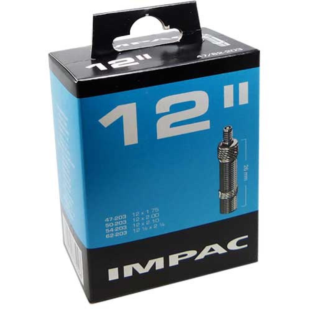 Impac Fahrradschlauch 12 Zoll mit Dunlop Ventil 26mm, Verpackung in Blau und Schwarz.