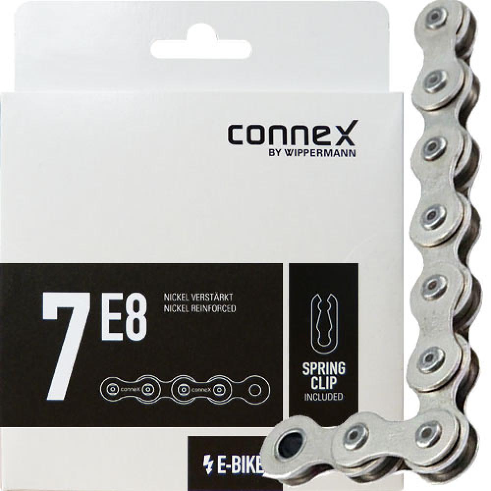 Connex 7-fach Kette 7E8 Nickel 124 Glieder für E-Bikes inklusive Federverschluss in Verpackung.