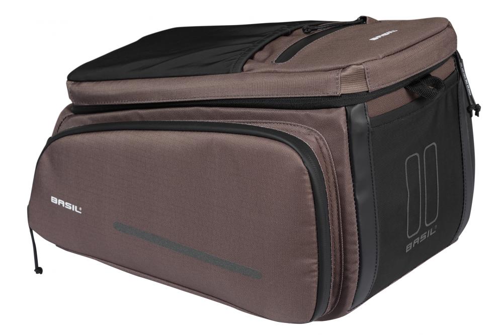 Basil Move Gepäckträgertasche 10-26 Liter Braun - recyceltes Polyester, MIK-Befestigung, erweiterbar, reflektierend