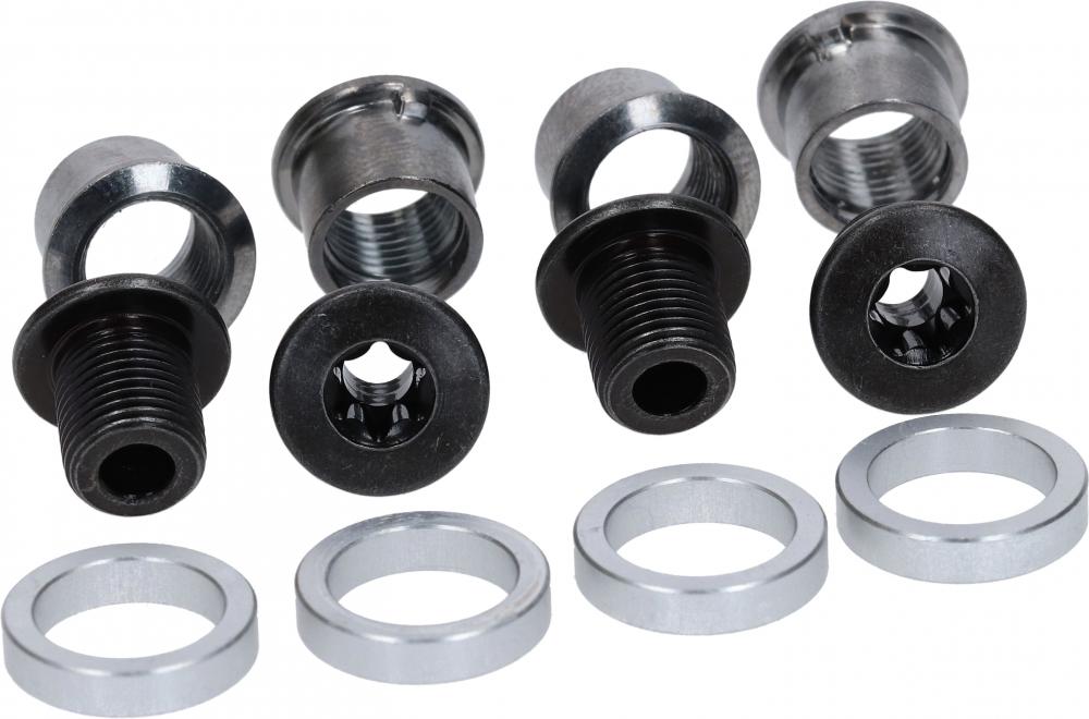 Shimano Kettenblattschrauben Set FC-M8100 für MTB mit schwarzen Bolzen, silbernen Hülsenmuttern und Distanzringen.