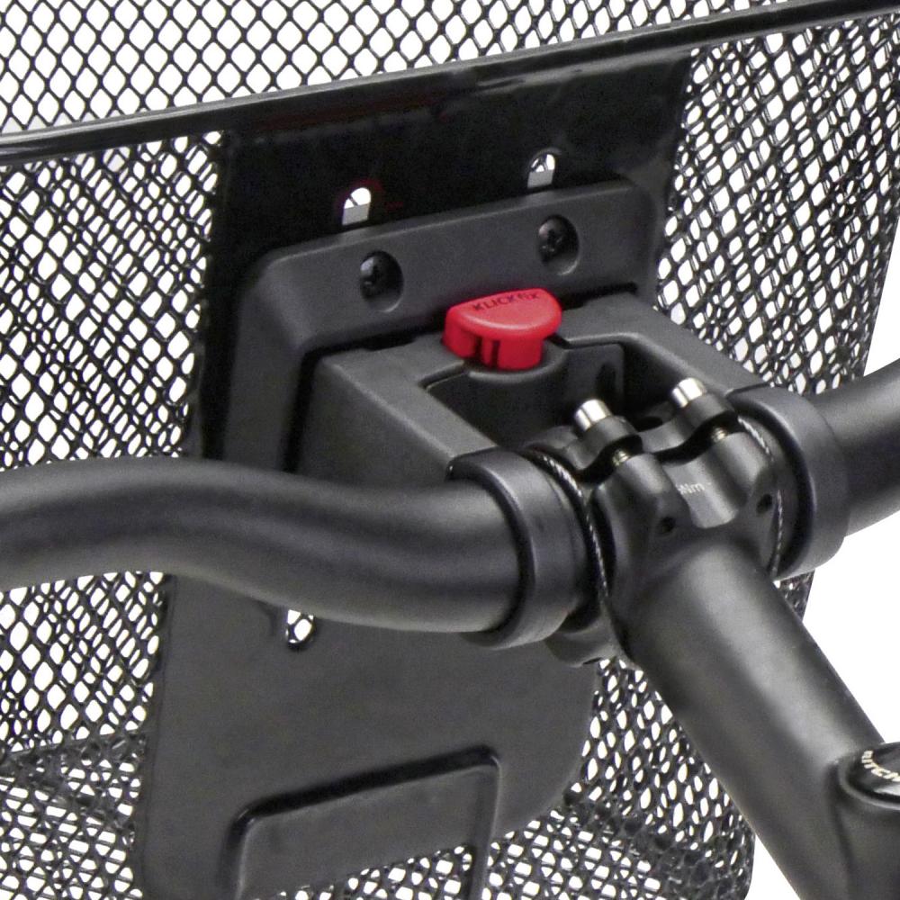 KLICKfix Uni Fahrradkorb schwarz feinmaschig am Lenker montiert mit Adapterplatte und rotem Entriegelungsknopf.