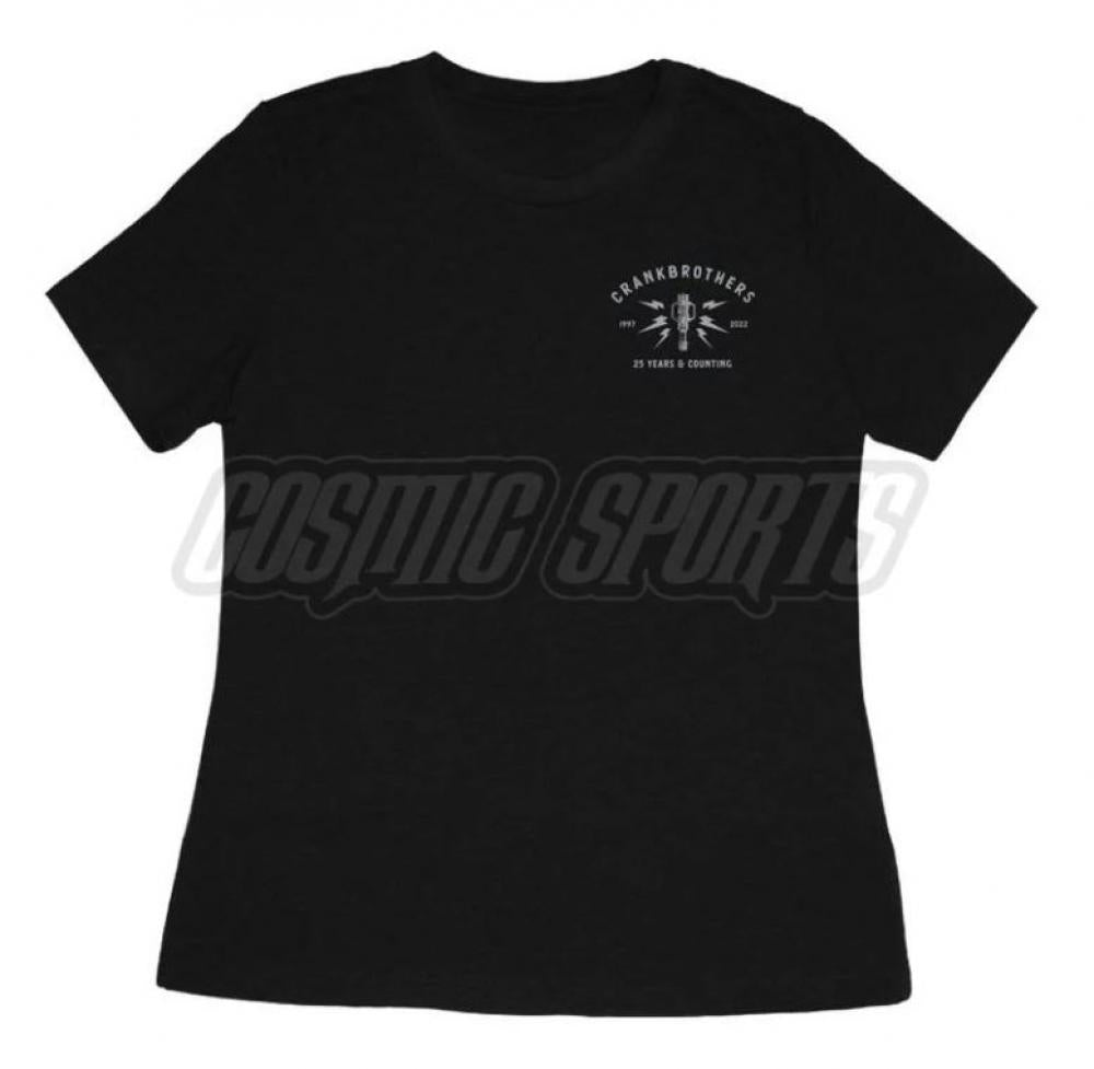 Crankbrothers 25th Anniversary Damen T-Shirt in Schwarz, Größe M, mit hellgrauem Logo auf der Brust.